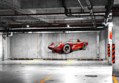 A mural of a sports car.